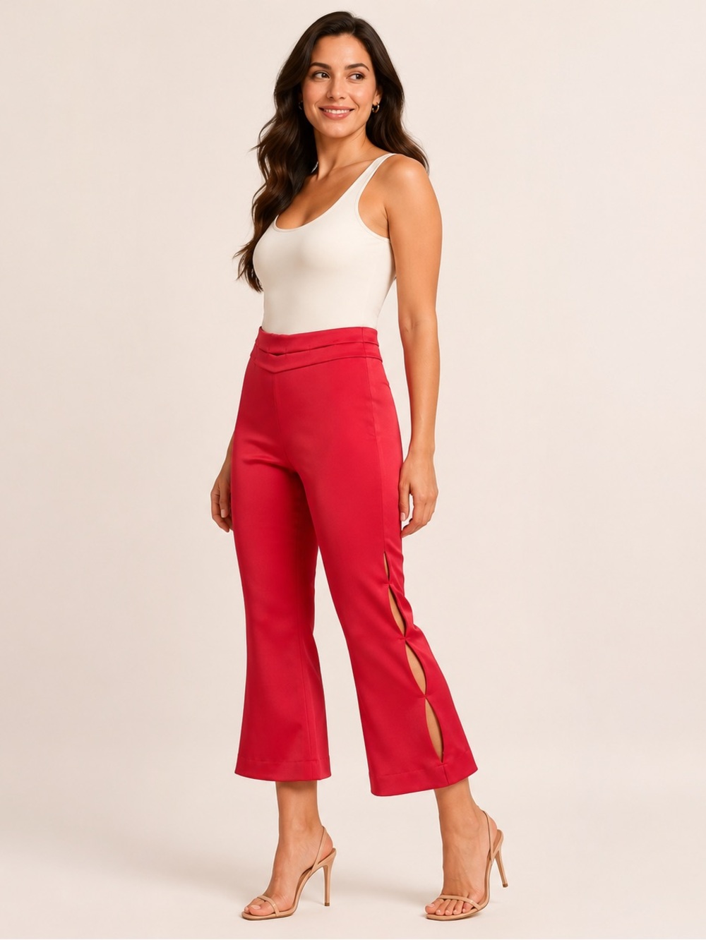 Alexis Red Satin Cropped Flare Pants Side Cutout Small Designer Glam Party